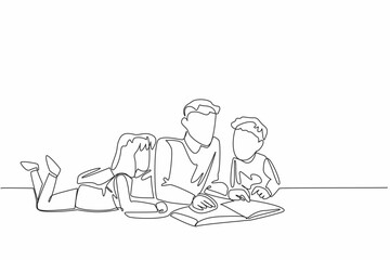 Single one line drawing father lying down reading book with son and daughter. Parenting by reading useful books. Taking wisdom. National Single Parent Day. Continuous line design graphic illustration
