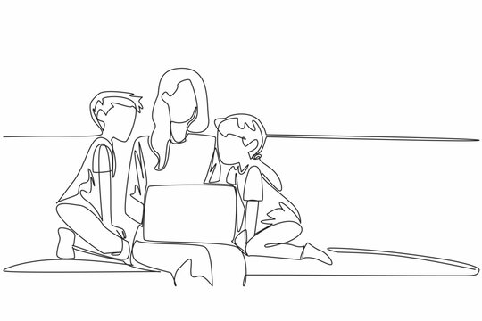 Single continuous line drawing mother opens laptop on sofa with her daughter and son. Bringing work to home. Missing the kids so much. National Single Parent Day. One line design vector illustration