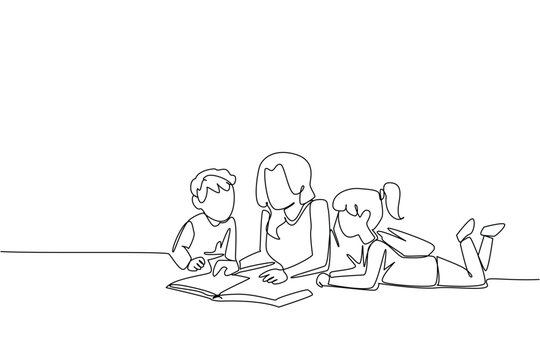 Single continuous line drawing mother lying on the floor reading a book with her daughter and son. Set an example for a love of reading. National Single Parent Day. One line design vector illustration - Powered by Adobe