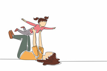 Single continuous line drawing mother lying on the floor lifting her daughter. Like an airplane. Play together. Pampering children. National Single Parent Day. One line design vector illustration