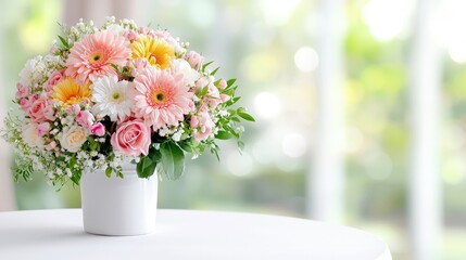 Fototapeta premium A beautiful bouquet of pink and yellow gerbera daisies with roses in a white vase on a table, set against a soft bokeh background.