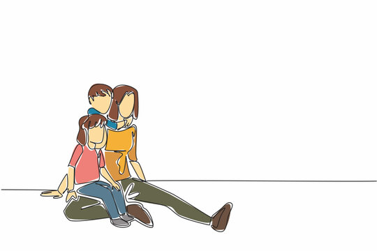 Continuous one line drawing mother sits on the floor holding her daughter. Her son hugs from behind. Try to be fair. Loving. National Single Parent Day. Single line draw design vector illustration