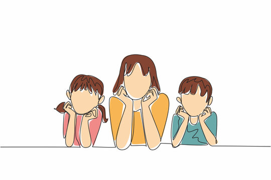 Single one line drawing mother flanked by daughter and son lying down holding chin. Posing in front of the camera. Selfie. National Single Parent Day. Continuous line design graphic illustration