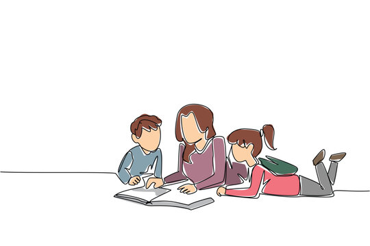 Single continuous line drawing mother lying on the floor reading a book with her daughter and son. Set an example for a love of reading. National Single Parent Day. One line design vector illustration