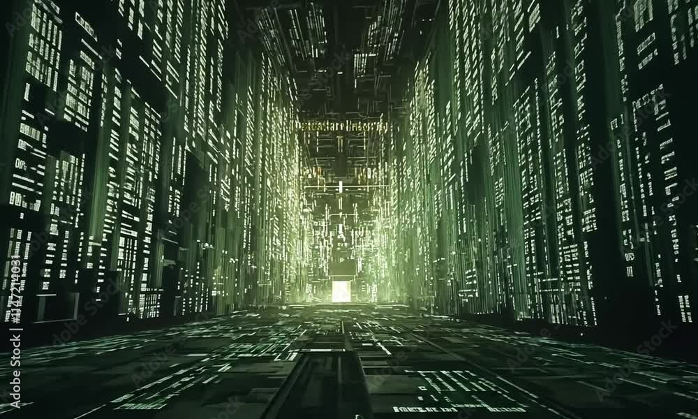 Poster digital matrix corridor: a journey into the green code
