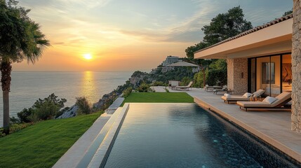 Fototapeta premium Sunset view from luxury villa with infinity pool.