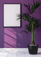 A blank frame leaning against a purple wall with a potted plant in front of it