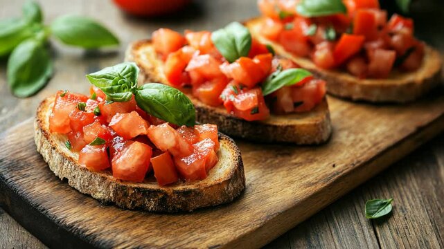 Fresh tomato bruschetta topped with basil on rustic wooden board in warm kitchen setting