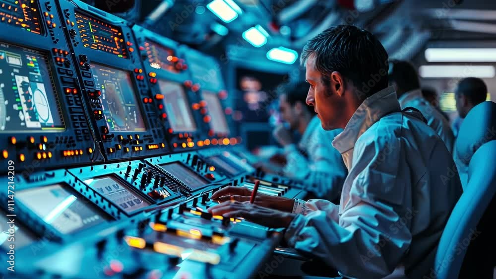 Poster a group of astronauts working on a complex control panel finetuning the intricate technology powerin