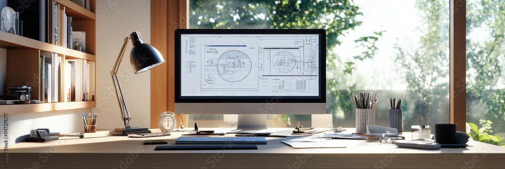 Fototapete modern engineering desk with open workspace and natural light during daytime. generative ai