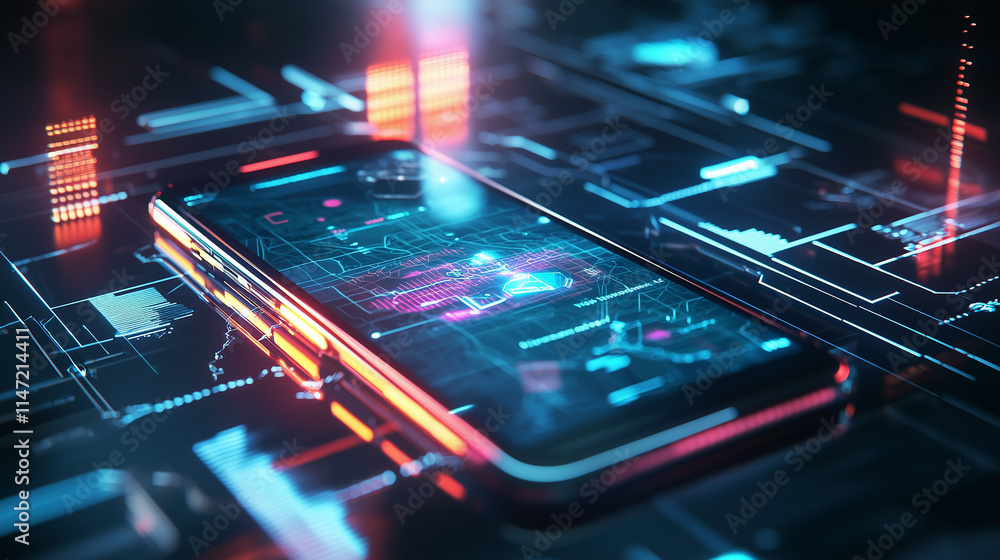 Poster a smartphone displays a futuristic augmented reality interface, showcasing digital data streams and 