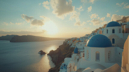 Obraz premium Santorini's Whitewashed Buildings and Blue Domes Overlooking the Aegean Sea at Sunset, Oia, Greece