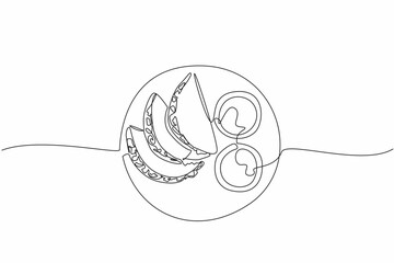 Continuous one line drawing three tacos served with two bowls of sauce on a round plate. Chili sauce. Mayonnaise. Addictive. National Crunchy Taco Day. Single line draw design vector illustration