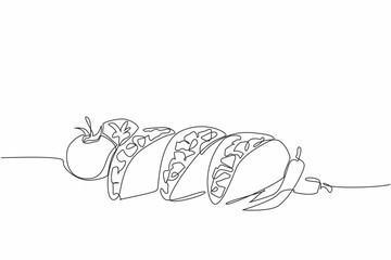 Single continuous line drawing taco dish with tomato and chili garnish. A snack full of flavor. Contains protein. Healthy snacks. Tasty. National Crunchy Taco Day. One line design vector illustration