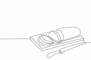 Single one line drawing French bread with the ends cut off on a cutting board. Chef prepares a baguette tester slice. Customer. National French Bread Day. Continuous line design graphic illustration