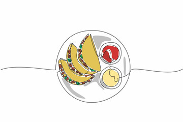 Continuous one line drawing three tacos served with two bowls of sauce on a round plate. Chili sauce. Mayonnaise. Addictive. National Crunchy Taco Day. Single line draw design vector illustration