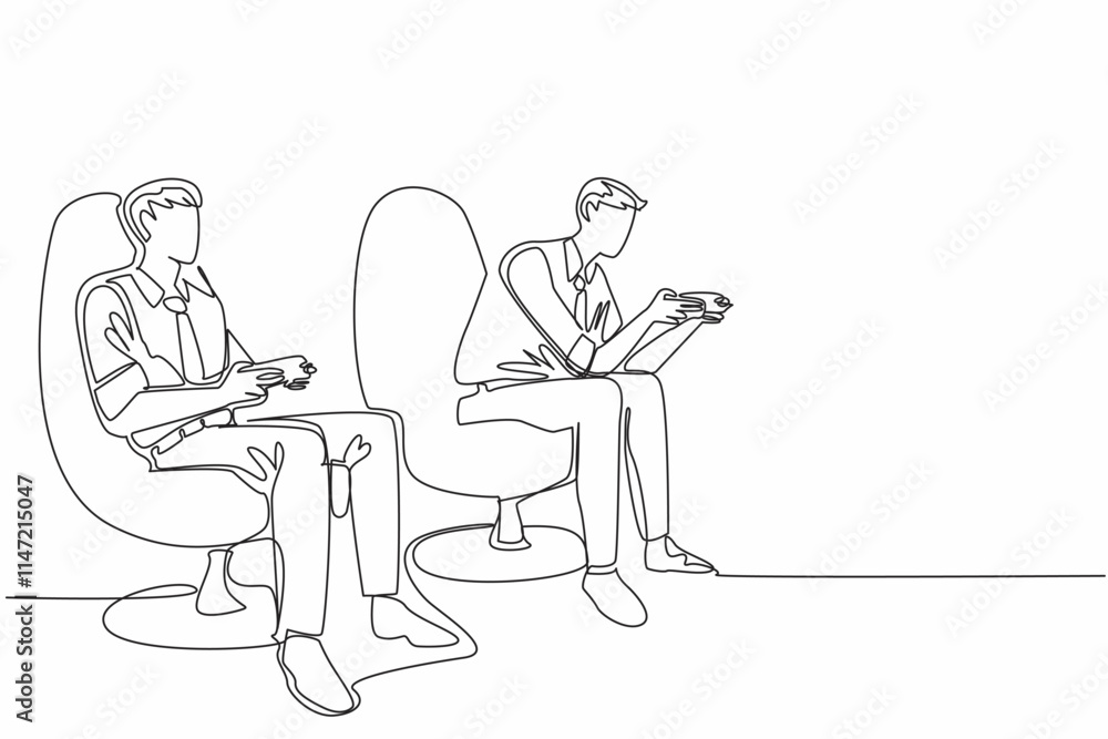 Poster single continuous line drawing two business men holding wireless game console sticks. playing footba