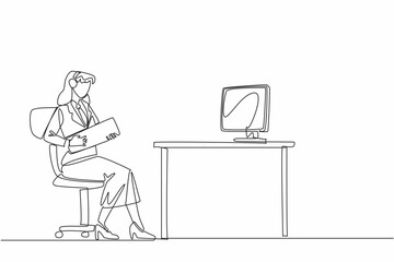 Continuous one line drawing businesswoman wearing headphones and using keyboard as guitar. Take advantage of the time to laze around. National Goof Off Day. Single line draw design vector illustration
