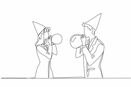 Single one line drawing businessman and businesswoman wearing party hats blowing up balloons. Top priority is celebration, not work. National Goof Off Day. Continuous line design graphic illustration