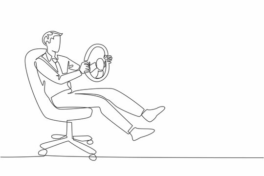 Continuous one line drawing a businessman sit on office chair playing with the steering wheel. Latest car racing game. Lazy day. National Goof Off Day. Single line draw design vector illustration - Powered by Adobe