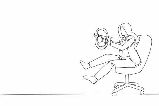 Single one line drawing businesswoman sit on chair playing with car steering wheel. Holiday alone. Very lazy to activities in office. National Goof Off Day. Continuous line design graphic illustration - Powered by Adobe