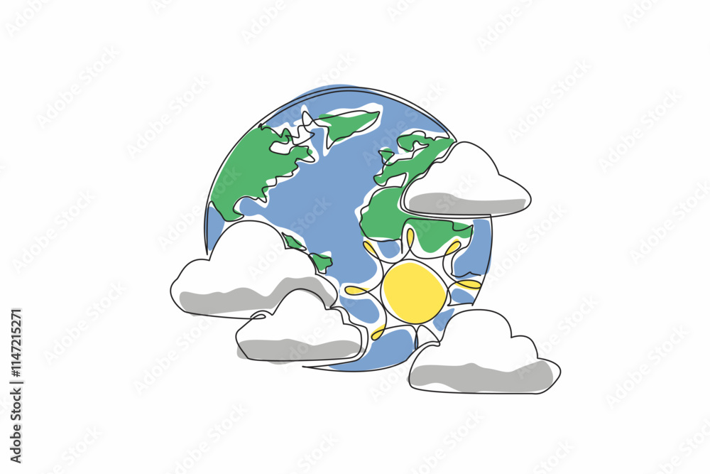 Poster single one line drawing the globe surrounded by several clouds and the sun. experts predict the rain