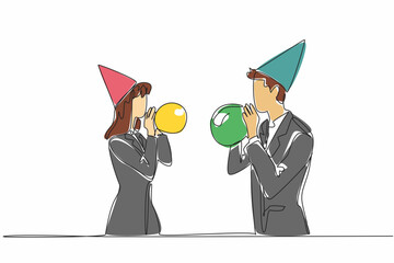 Single one line drawing businessman and businesswoman wearing party hats blowing up balloons. Top priority is celebration, not work. National Goof Off Day. Continuous line design graphic illustration