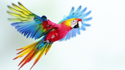 Obraz premium Vibrant multi-colored macaw parrot flying gracefully with wings spread wide against a clean, bright background.