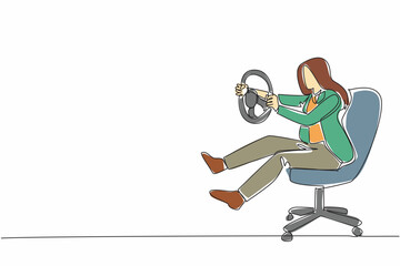 Single one line drawing businesswoman sit on chair playing with car steering wheel. Holiday alone. Very lazy to activities in office. National Goof Off Day. Continuous line design graphic illustration