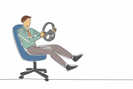 Continuous one line drawing a businessman sit on office chair playing with the steering wheel. Latest car racing game. Lazy day. National Goof Off Day. Single line draw design vector illustration - Powered by Adobe