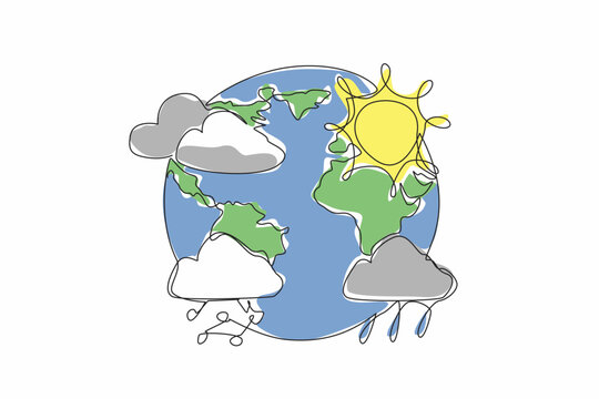 earth with sun, clouds, and rain in line art clip art preview