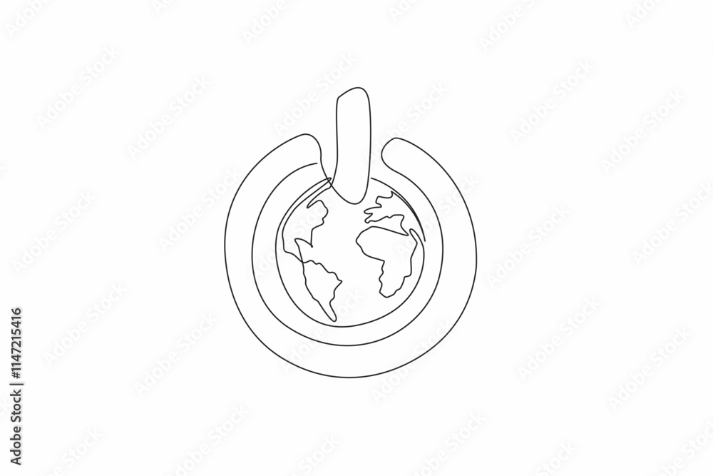 Poster single one line drawing the globe in the middle of the power button. turn off the power. turn off th