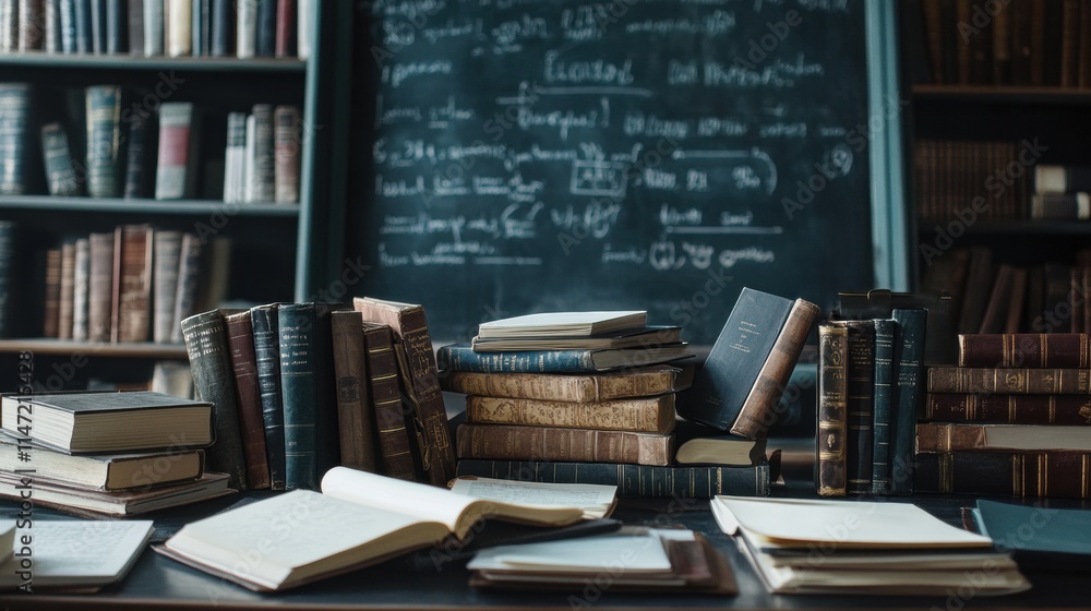 Aufkleber collection of books and stationery on a desk with chalkboard backdrop in a study environment. genera