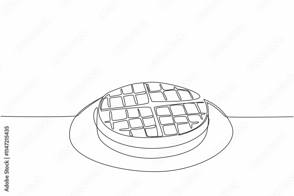 Poster single one line drawing waffle on a round plate. the first layer of waffle. decorating the food and 