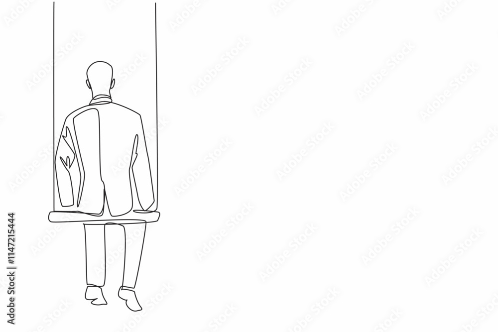 Poster continuous one line drawing businessman sits on a swing. alone missing a work partner who disappeare