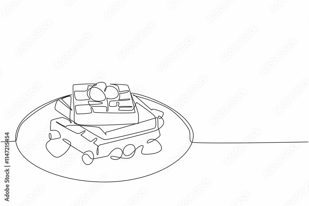 Aufkleber single continuous line drawing waffles stack on round plate. strawberry and raspberry toppings. fres
