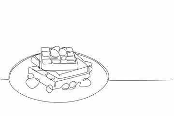 Single continuous line drawing waffles stack on round plate. Strawberry and raspberry toppings. Fresh sweet and sour. Perfect combination. International Waffle Day. One line design vector illustration