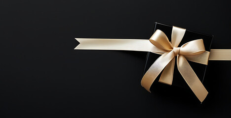Elegant Black Gift Box with  Ribbon on Blue Background