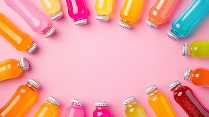 Naklejka premium minimalistic pink background featuring an array of colorful soda bottles