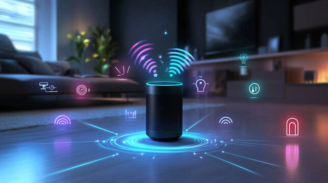 A smart speaker in a living room displays holographic icons representing smart home features like lighting, security, and climate control