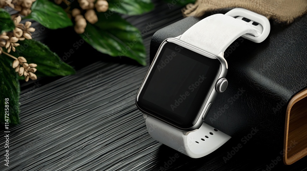 Poster minimalist smartwatch mockup resting on a modern tech style background with a blank digital screen s