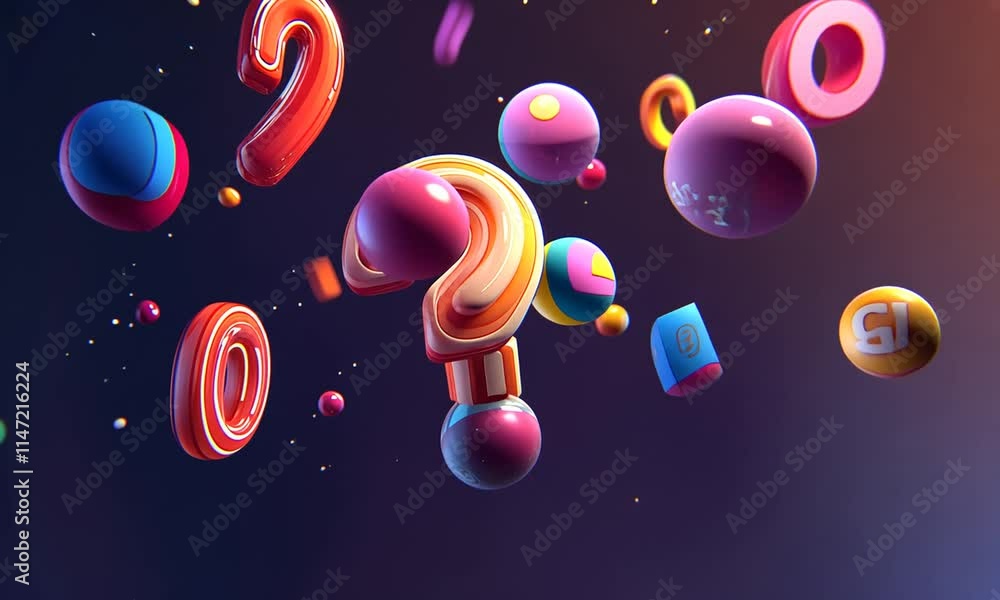 Poster abstract colorful 3d shapes and question marks floating in space