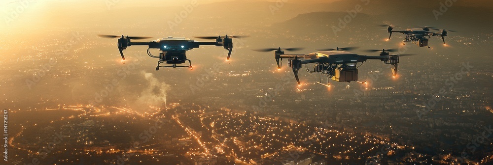Poster automated drones navigate over a city at dusk delivering goods and monitoring urban activities with 