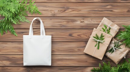 Minimalist and plain tote bag mockup lying flat on a wooden surface alongside eco friendly items such as candles plants