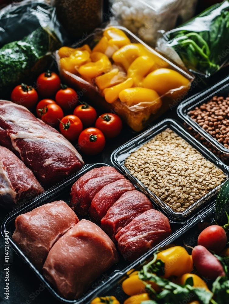 Aufkleber Fresh produce and meat selection in containers with empty space for recipe ideas and meal planning. Generative AI