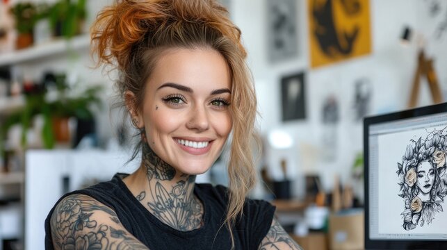 Creative workspace: visual representation of graphic designer girl with tattoos working on digital design at computer, artistic expression, modern aesthetics, personalized environment.