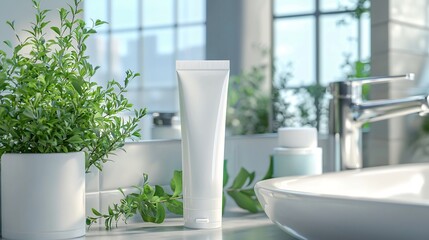 A minimalist overhead shot of a white toothpaste tube mockup lying on a clean ceramic bathroom sink  The simple still life image showcases the packaging design and product in a clean