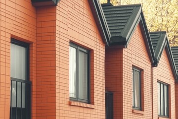 A row of modern orange brick houses with black roofs and windows.