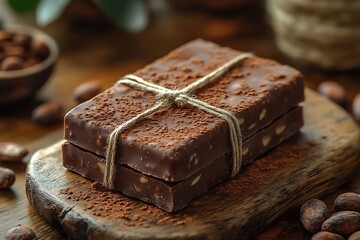 Two bars of rich dark chocolate dusted with cocoa powder and tied with twine.