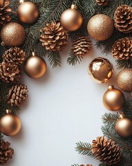 Top view of golden ornaments and pine cones with copy space